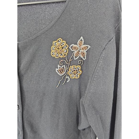 Vintage Conrad C Womens Sz M Lightweight Cardigan Sweater Beaded Floral Black - Picture 2 of 4
